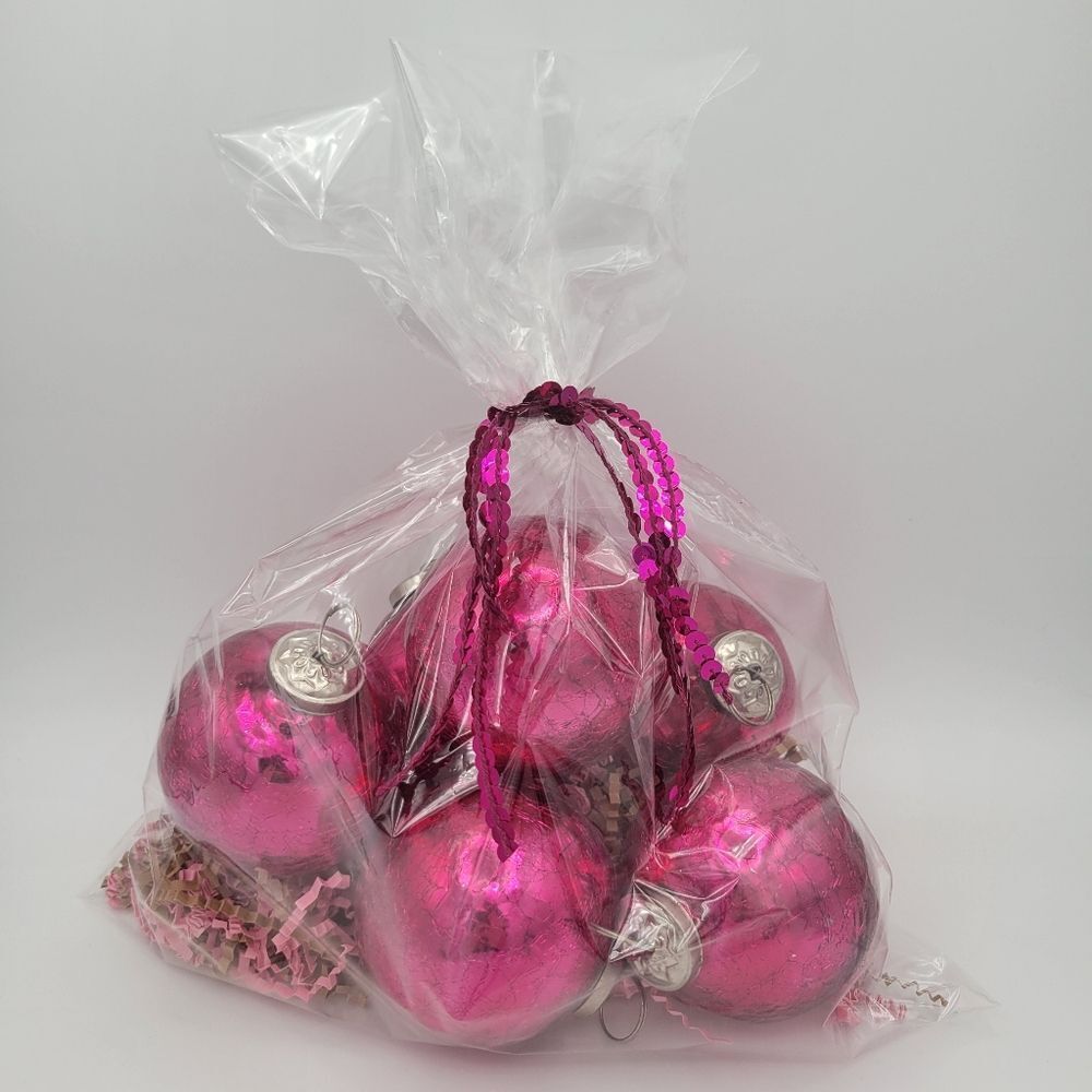 Vintage Hot Pink Crackle Glass Ornaments (Set)